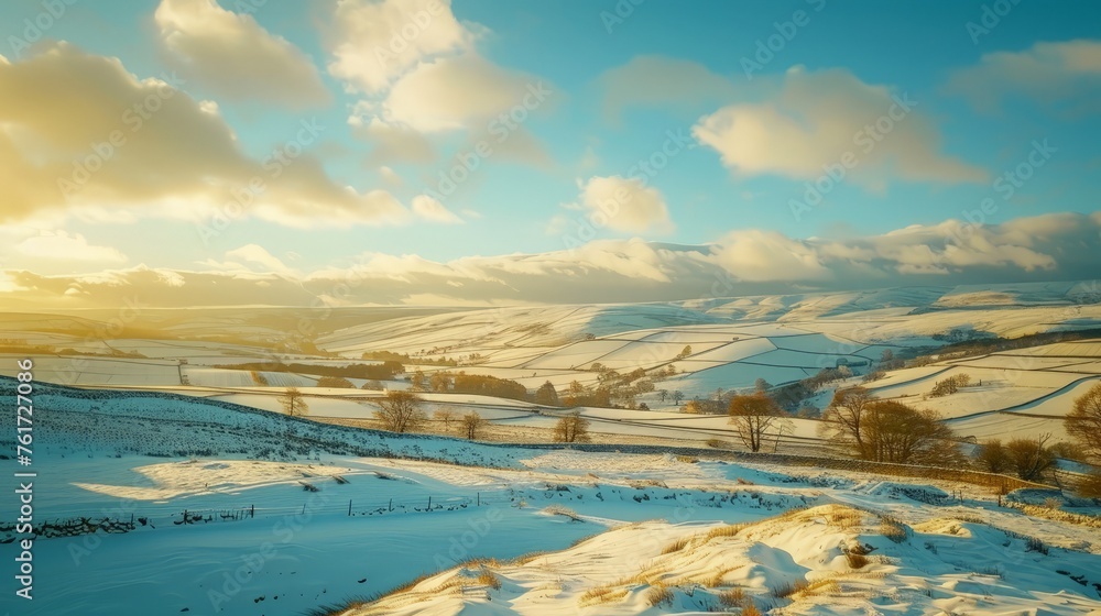 A winter scene with snow covering the land, under a sky filled with clouds. A winter scene with snow covering the land, under a sky filled with clouds.