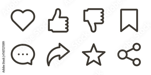 Social media interaction icons. Like, dislike, save, comment, favorite, share and more. Vector illustration symbols for digital communication and user engagement concept, apps and websites.
