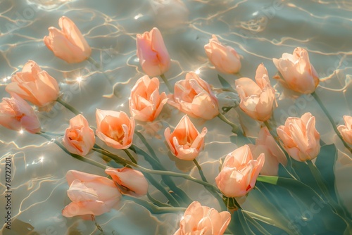 Serene pink tulips on a calm water surface, embracing the freshness of spring Nature's beauty captured through delicate tulips bobbing on glistening waters Spring background concept