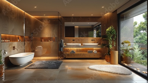 Modern Bathroom With Large Black Bathtub