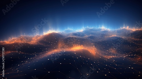 Futuristic abstract background with technology particles in a state of flux, symbolizing the ever changing landscape of technological evolution photo