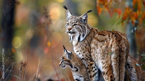 Male bobcat and kitten portrait with empty space on the left ideal for adding text © Ilja
