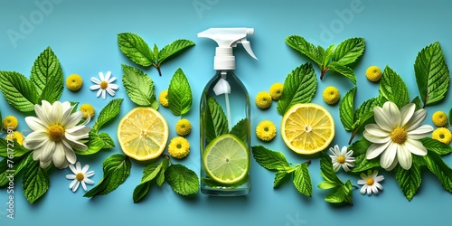  Spray for cleaning and refreshing the room surrounded by lemons. Concept: environmentally friendly products, eco and natural flavors
