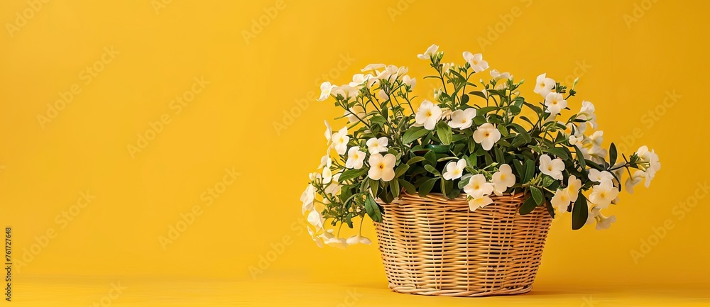 Wooden basket with flowering summer field daisies and violet wildflowers isolated on yellow background. AI generated illustration