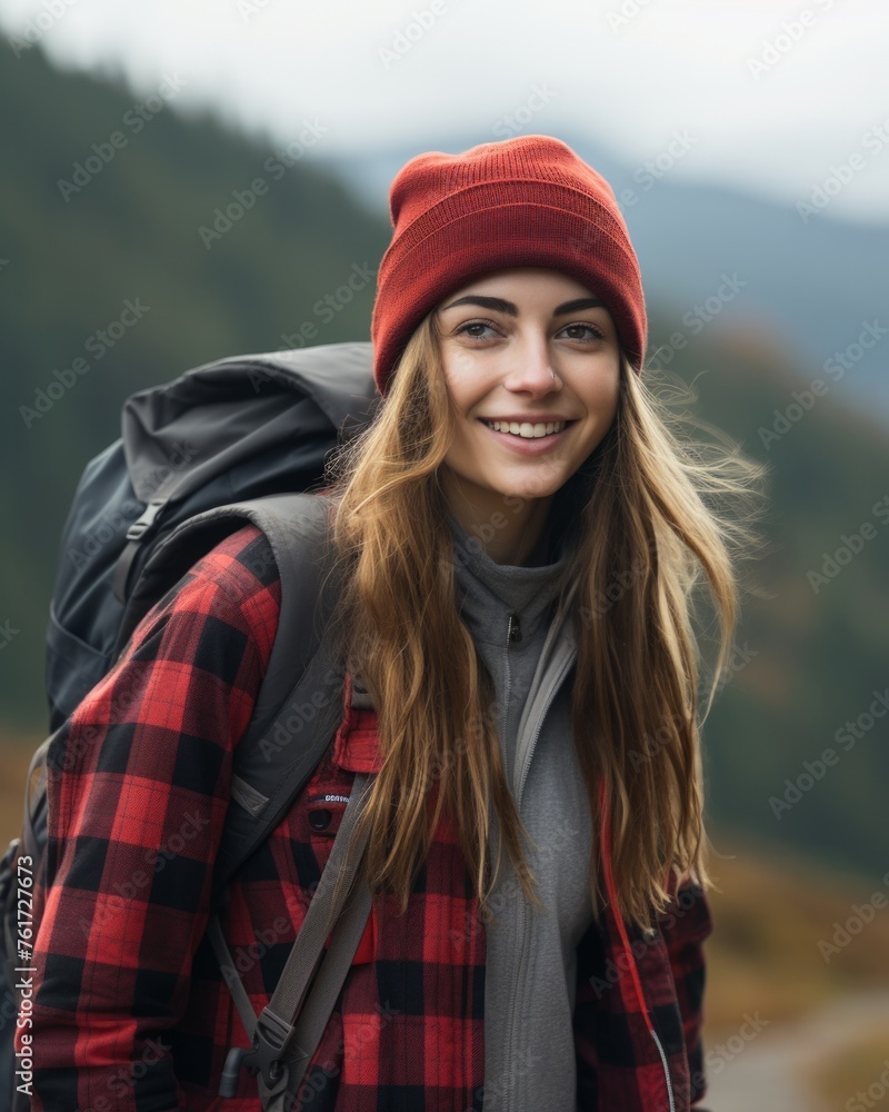 A cheerful young woman standing outdoors in a mountainous area. Ideal for travel, adventure, and outdoor activity promotions. This image is suitable for tourism, hiking gear ads, and nature retreats.