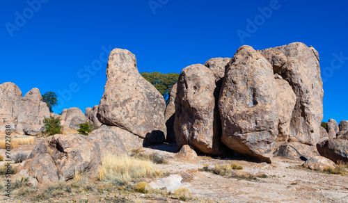 Amazing Rock formations from weathered petrified sedimentary rocks in a rock desert in Rocks State Park, New Mexico