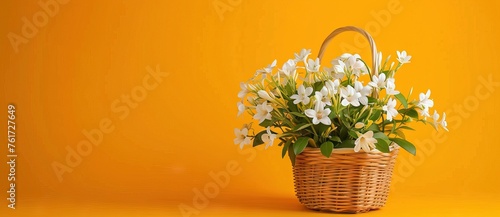 Wooden basket with flowering summer field daisies and violet wildflowers isolated on yellow background. AI generated illustration © 3D