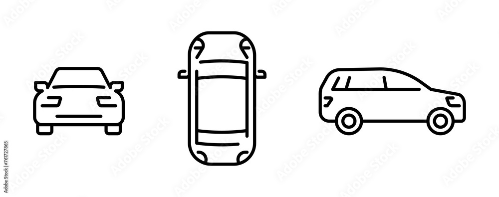 Car views icon set featuring front, top, and side perspectives. Vector illustration graphic elements for automotive design, vehicle modeling, and presentation concept