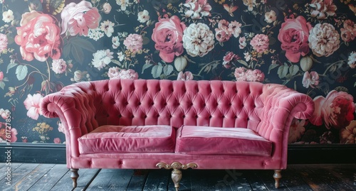 A pink velvet couch is positioned in front of a vibrant floral wallpaper, creating a bold and stylish interior design.