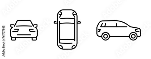Car views icon set featuring front, top, and side perspectives. Vector illustration graphic elements for automotive design, vehicle modeling, and presentation concept