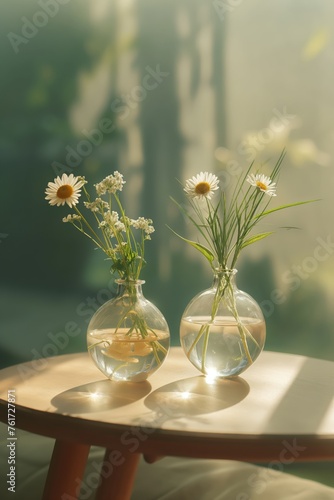 Aesthetic composition of wildflowers in a vase, highlighted by warm sunlight. Gentle sunlight filters through a bouquet of daisies, casting delicate shadows.