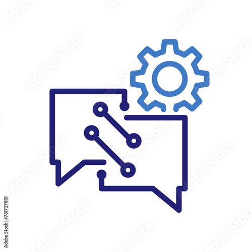 NLP thin line icon with Speech Bubbles and Circuits with Gear. Vector Illustration symbol for AI, artificial intelligence, machine learning, llms and Intelligent Natural Language Processing Concept