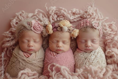 Three newborn children . Photo shoot of newborn babies
