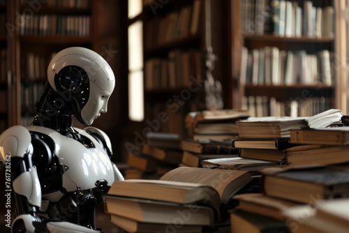 AI robot sitting and reading book in library. Artificial intelligence, Machine learning, Innovation, Disruptive technology concept.