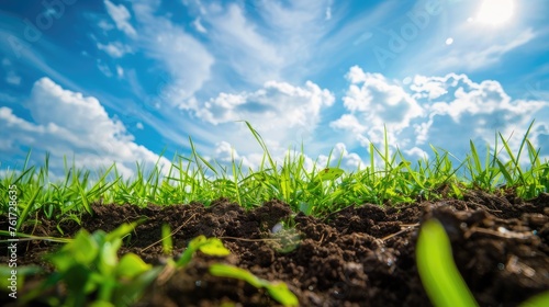 Experience tranquility with our captivating scene of soil adorned with vibrant green grass under a picturesque blue sky and fluffy clouds