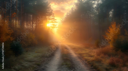 Sun rays through the forest, A dirt road in the middle of a forest with sunbeams shining through the trees on either side of the road is a dirt road with grass and trees, Ai generated image
