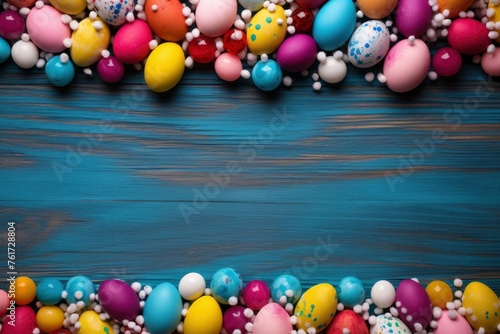 Colorful Easter egg double border against a yellow wood background - generative ai