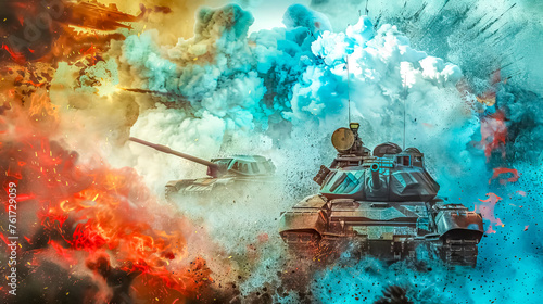 Battle tanks in explosive combat scene