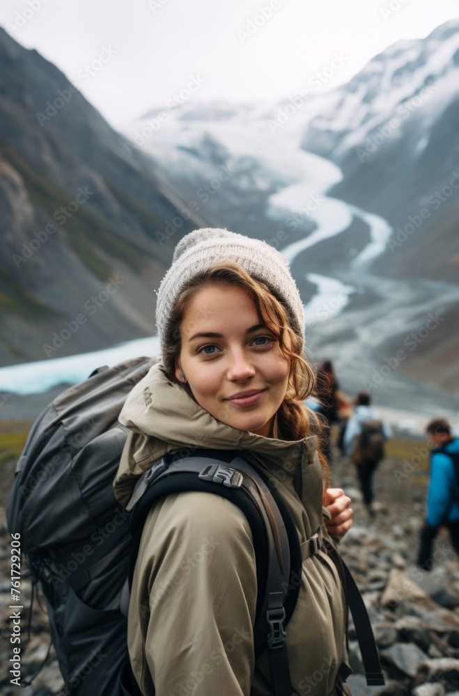Explorer in the Wild: Young Hiker with Serene Glacier Backdrop Explorer in the Wild: Young Hiker with Serene Glacier Backdrop