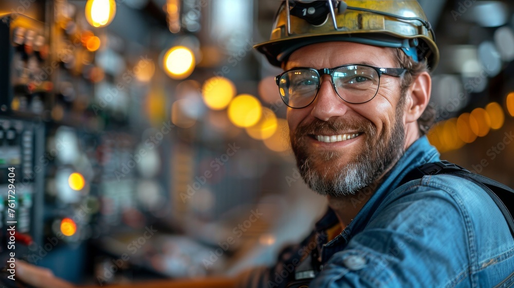 Man Wearing Hard Hat at Control Panel Man Wearing Hard Hat at Control Panel