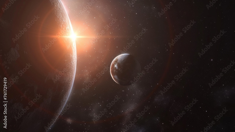 Obraz premium Planetary system with mesmerizing solar flares in the profound darkness of outer space