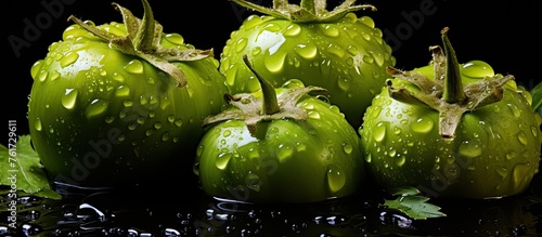 A group of green tomatoes, a staple food, and produce from a flowering plant, with water drops on them, placed on a black surface