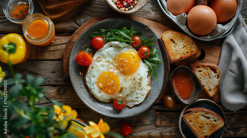 Breakfast spread with coffee toast eggs and juice Breakfast spread with coffee toast eggs and juice