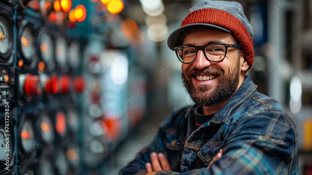 Fototapeta premium Man Wearing Hard Hat at Control Panel