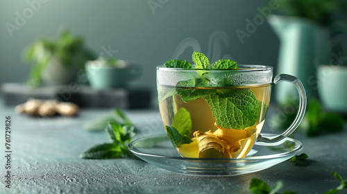 Glass cup of fresh mint and ginger tea, minimalist and leaf