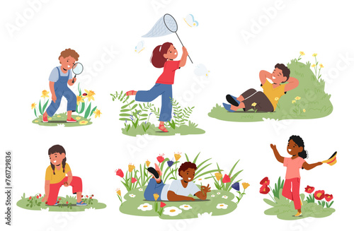 Kids Springtime Activities. Children Picking Wild Berries, Catching Butterflies, Nature Walks, Learning Bugs On Meadow