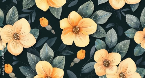 A painting depicting bright yellow flowers set against a deep black background  creating a striking contrast.