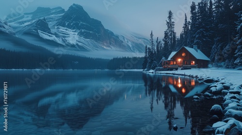 A cabin stands on the edge of a mountain lake, surrounded by towering peaks and lush greenery.