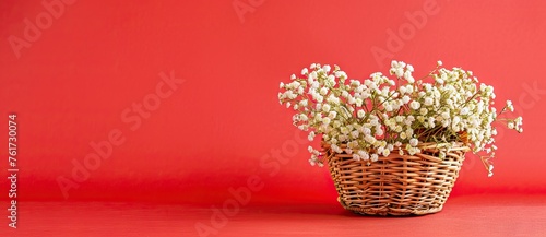White flowers in wooden basket on red spring background. AI generated illustration © Gulafshan