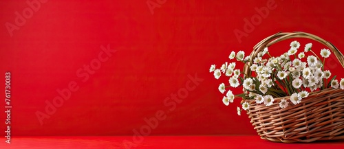 White flowers in wooden basket on red spring background. AI generated illustration