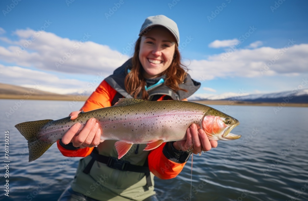 Joyful Female Angler Holding a Fresh Catch on a Serene Lake Joyful Female Angler Holding a Fresh Catch on a Serene Lake