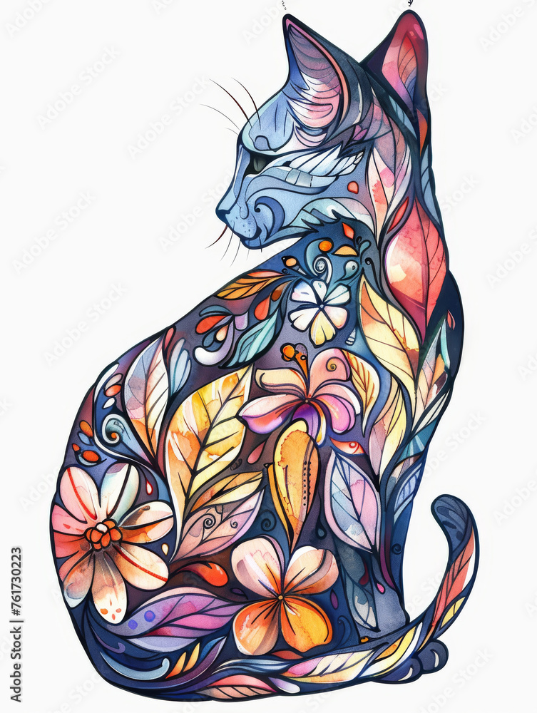 Cat figure designed with a flower pattern, watercolor style illustration Cat figure designed with a flower pattern, watercolor style illustration