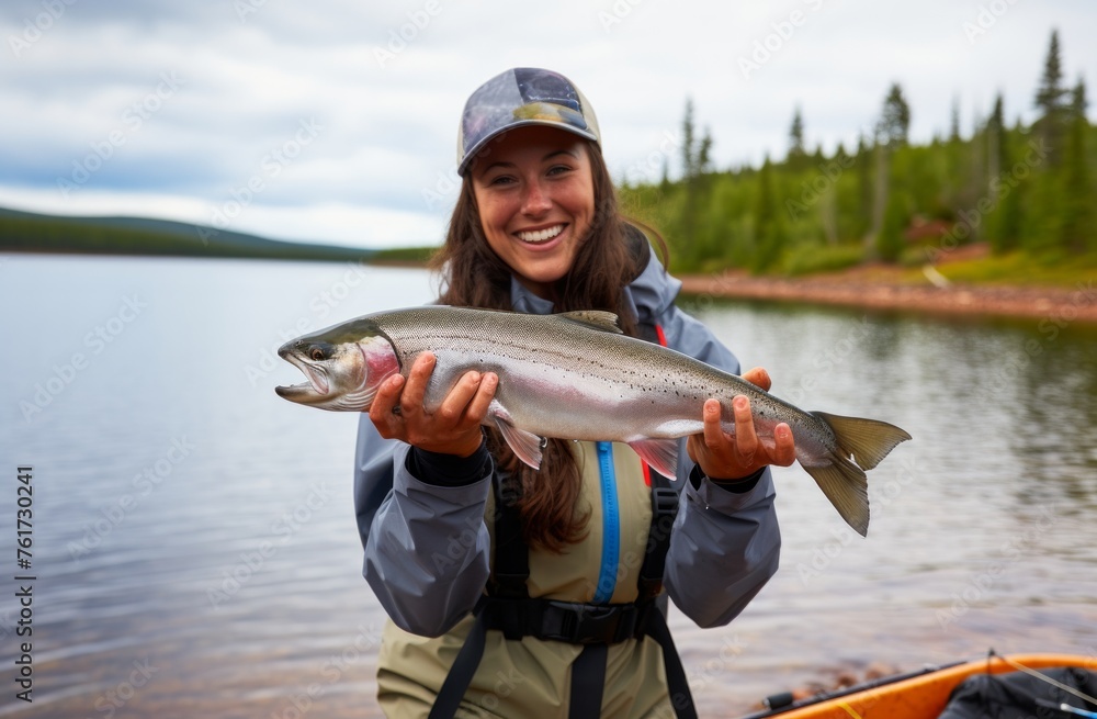 Joyful Female Angler Holding a Fresh Catch on a Serene Lake Joyful Female Angler Holding a Fresh Catch on a Serene Lake