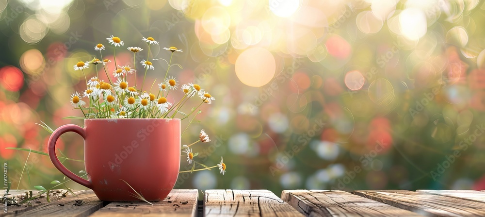 Spring concept - lilac chamomile flowers in teacup on wooden table in garden. AI generated illustration - obrazy, fototapety, plakaty 
