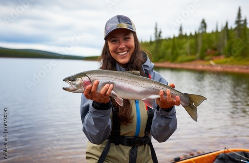 Joyful Female Angler Holding a Fresh Catch on a Serene Lake