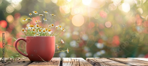 Spring concept - lilac chamomile flowers in teacup on wooden table in garden. AI generated illustration photo