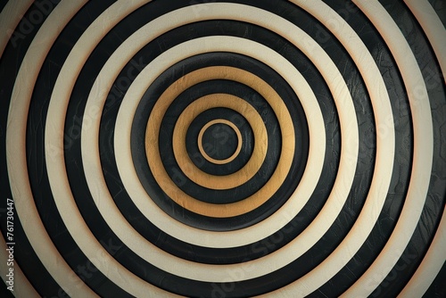 Abstract large black and white wooden surface with concentric circles of light brown wood in the center