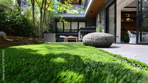 Transform your outdoor space with our rolled artificial grass carpet on a white background. Elevate your exterior design effortlessly! photo