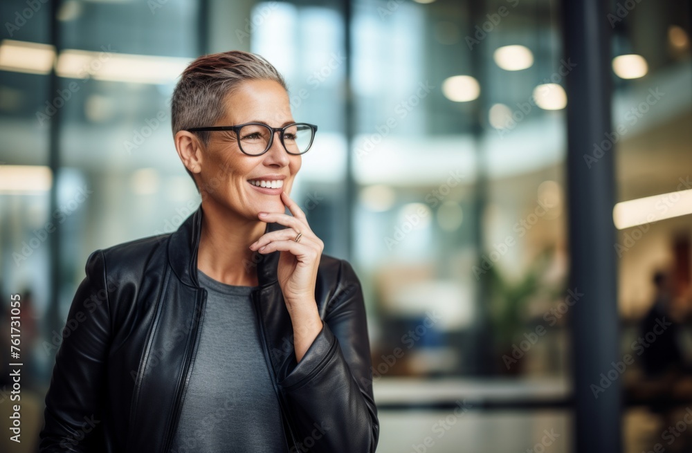Stylish Professional Woman with a Contemplative Smile in Modern Office