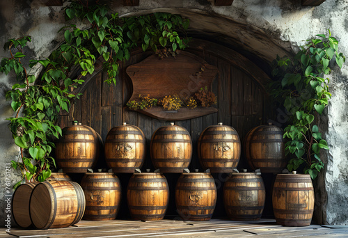 Wine barrels stacked in the cellar of the winery