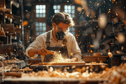 Amidst a shower of golden sparks, an absorbed woodworker planes a wooden board, with the sun streaming through the window of the atmospheric workshop.