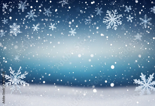 Falling snowflakes on night sky white background.  Bokeh with white snow and snowflakes on a blue background.