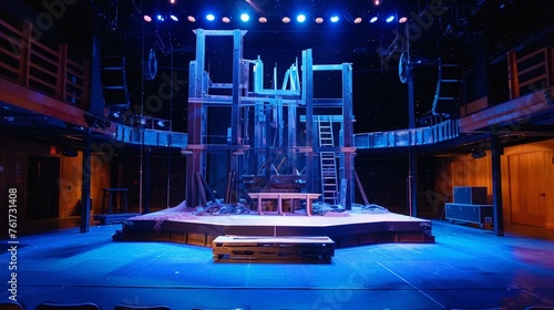 A stage design featuring custom-built structures or set pieces that double as functional elements.