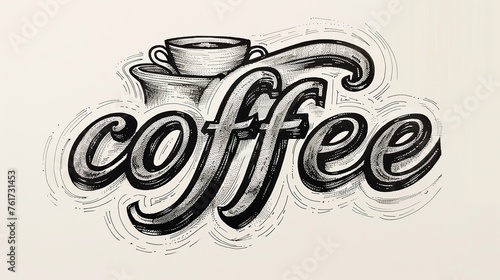 An artistic illustration of the word "coffee" with a stylized cup on top