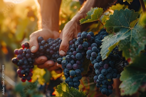 Closeup of Hands Picking Purple Grapes in Vineyard During Golden Hour