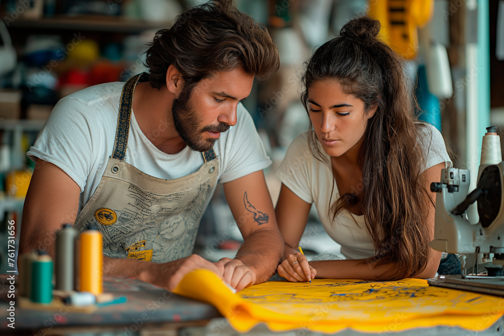 Fototapeta premium A male and female designer work intently together on a garment pattern laid out on a table surrounded by sewing equipment in a sunlit workshop.